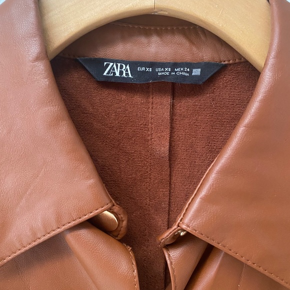 Zara Faux Leather Button Down Big Pockets Belted Brown Dress Short Sleeves Sz XS - Picture 3 of 9